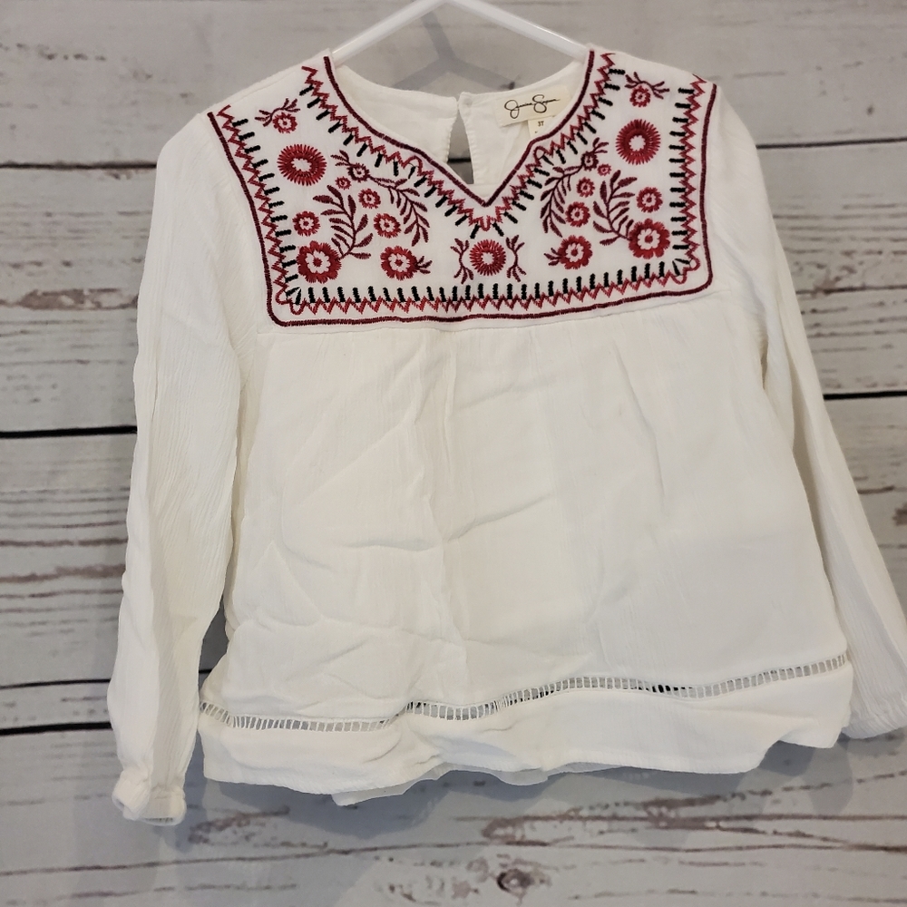 Jessica Simpson 3T White Peasant Top with Red Embroidery
